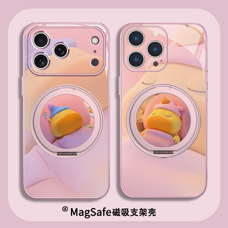 睡觉水豚LULU情侣手机壳适用苹果17promax可爱噜噜iPhone16plus新款15pro磁吸MagSafe带支架14支点壳13玻璃12