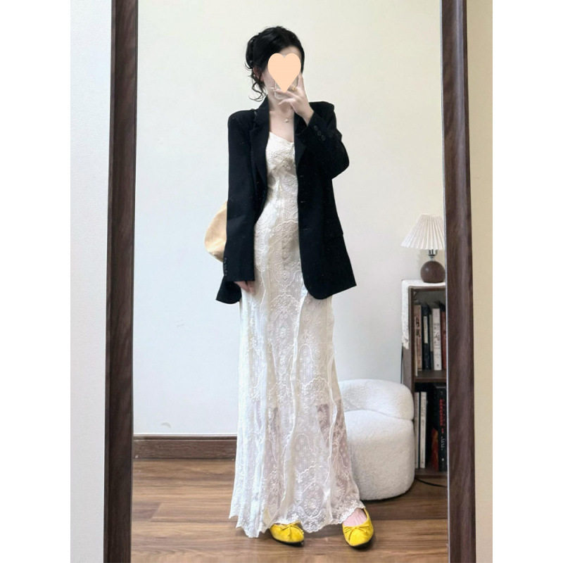春装搭配一整套微胖气质西装外套蕾丝吊带连衣裙韩系漂亮套装裙女