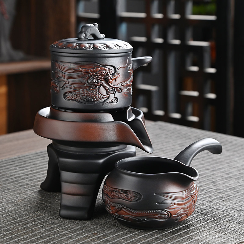 覆古高档紫陶茶具套组懒人自动轻奢三泡台家用旋转石磨防烫泡茶器