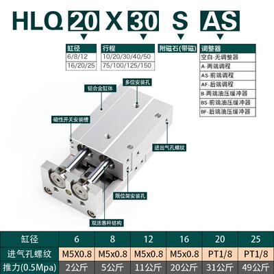 亚德客型气动HLQ滑台气缸HLQ6/8/12/16/20/25X10X20X30X40X50X75S