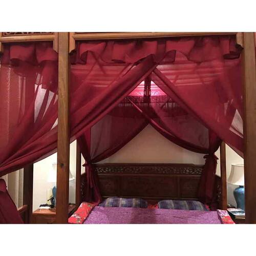 中式仿明清古典风格双月洞架子床酒红麻纱结婚喜庆防蚊帐床幔纱