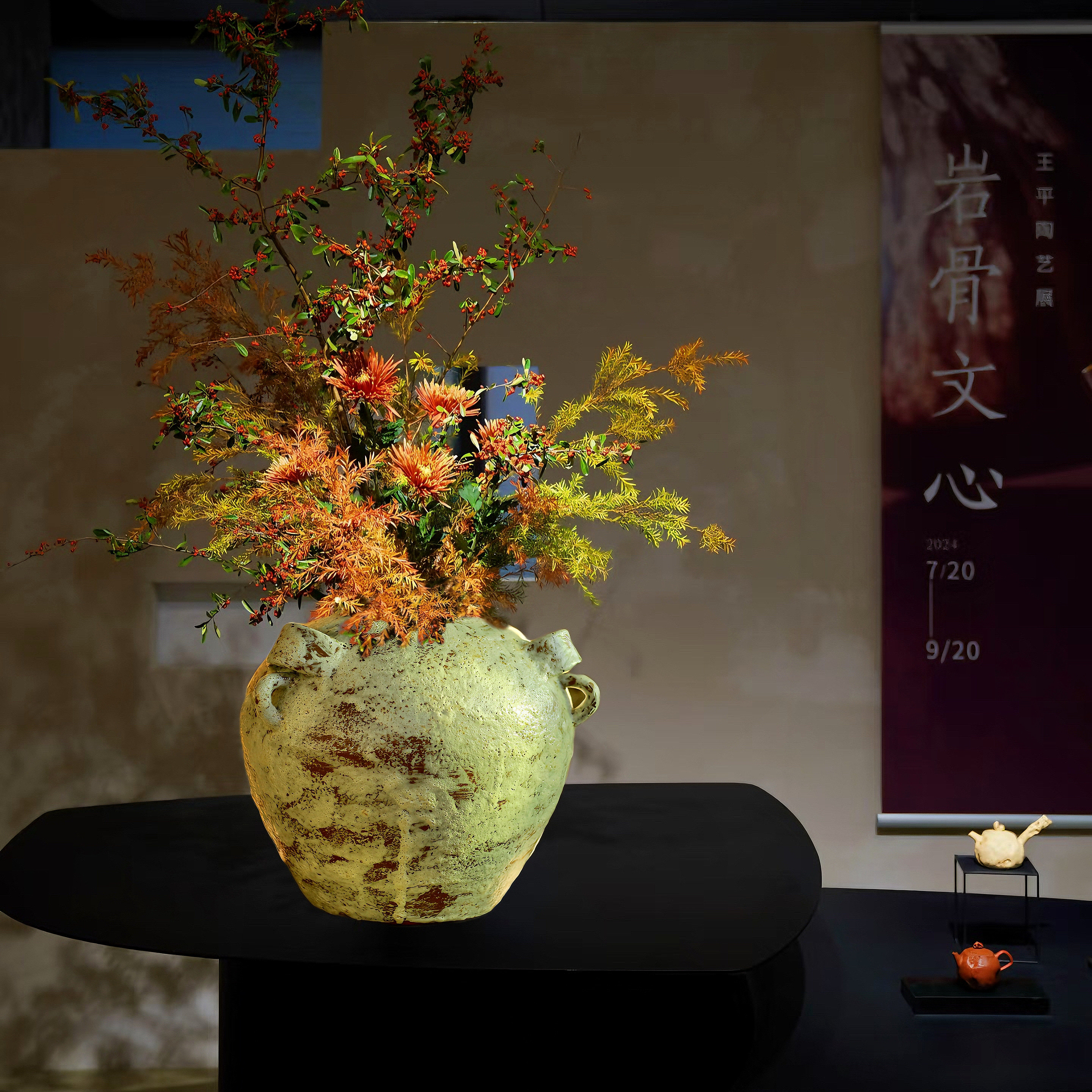 仿古纯手工拉胚粗陶艺术瓷器新中式桌面插花假花轻奢高档复古摆件