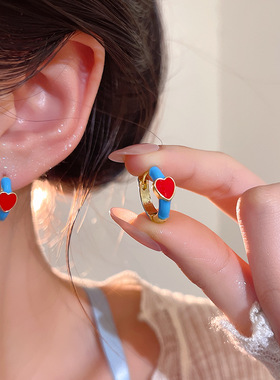 港风复古简约滴釉爱心耳扣耳环女甜美girl糖果色珐琅桃心耳钉耳饰
