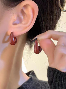 法式复古小众耳钉女红色新年系列耳环高级设计网红时尚百搭耳饰品