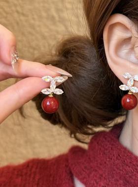 小香风锆石珍珠红色新年款耳环耳钉女个性精致百搭时尚高级耳饰品