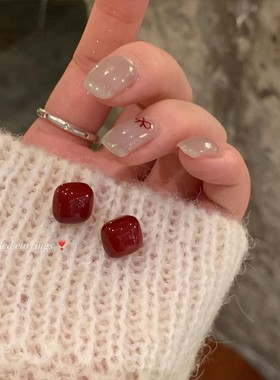 中国风安可拉红色方形珍珠耳钉轻奢小众高级感简约几何形耳环耳饰