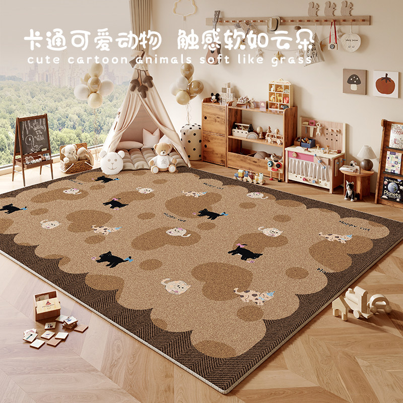 棕色仿亚麻儿童房地毯客厅防摔婴儿爬爬垫毛绒床边阅读区玩耍地垫