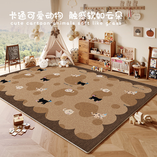 棕色仿亚麻儿童房地毯客厅防摔婴儿爬爬垫毛绒床边阅读区玩耍地垫