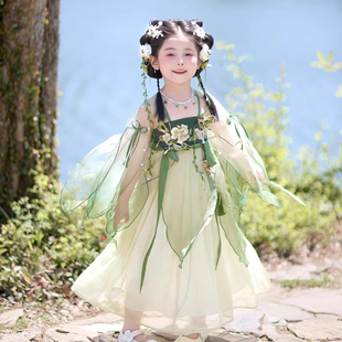 女童汉服连衣裙女孩儿童装刺绣公主裙演出赵灵儿cos蝴蝶绿荷叶袖