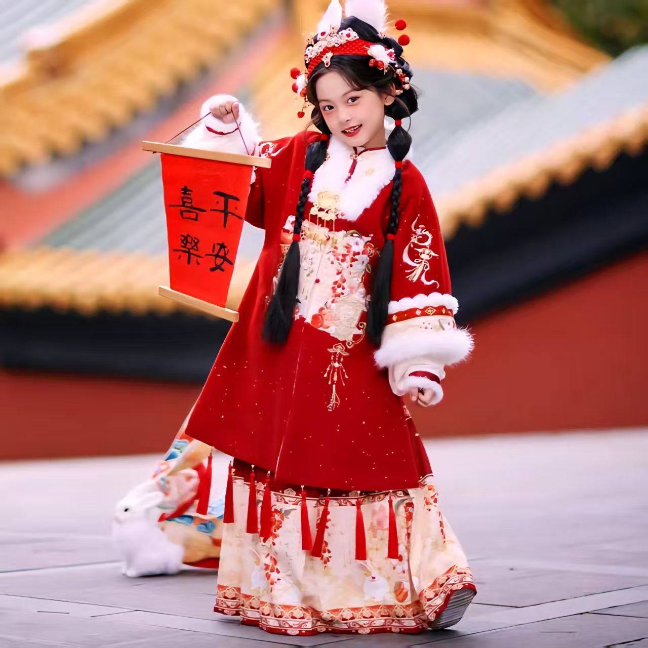 喜庆中式拜年服坠红长袄假两件外套马面裙套装女童汉服加厚保暖冬,童装/婴儿装/亲子装,汉服,淘宝优惠券,粉丝福利购,淘宝优惠卷