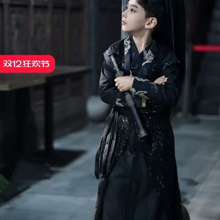 服装 玄墨影汉服男童黑色战国袍中国风男孩古装 清冷感帅气复原中式