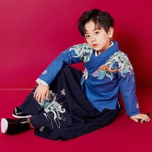 男孩汉服春秋马面裙藏青色男童高级外套礼服国风套装礼服锦衣卫