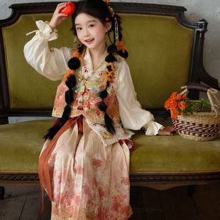 民族风三件套拜年服 褶裙套装 丹枫抱春新中式 汉服女童刺绣马甲衬衫