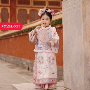 婉兰格格女童汉服加绒马甲旗袍两件套小女孩古风连衣裙套装 保暖冬