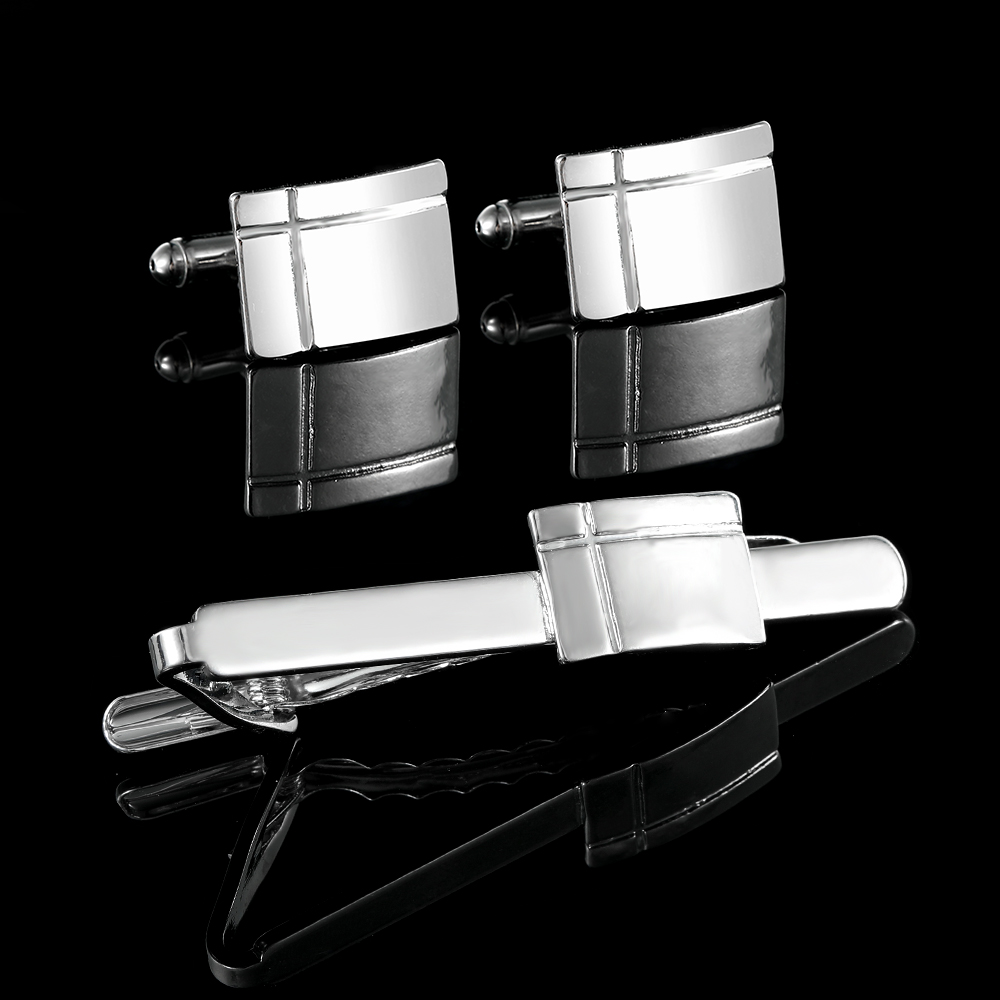 时尚个性长方形十字线条百搭合金袖扣领带夹套装简约衬衫商务配饰