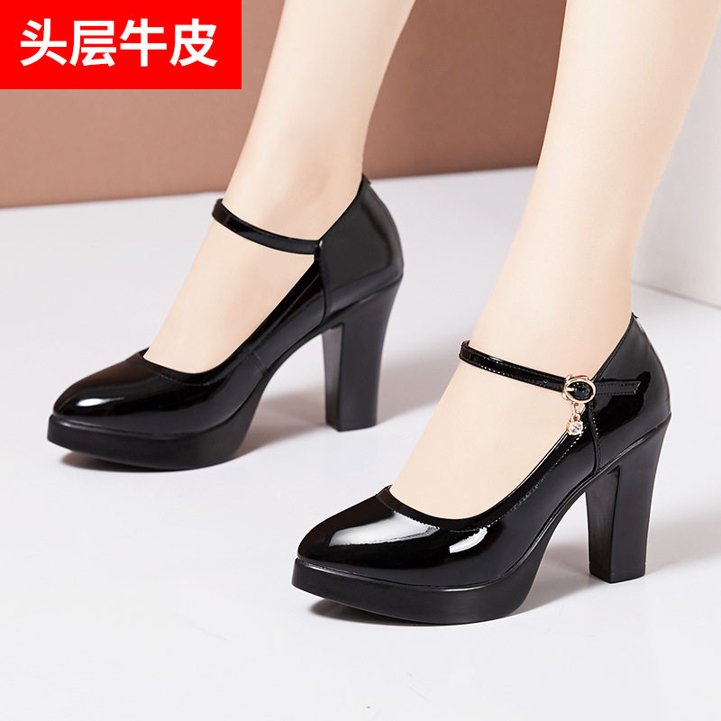 漆皮旗袍走秀一字扣高跟鞋黑色粗跟高跟尖头真皮单鞋大码工作鞋女