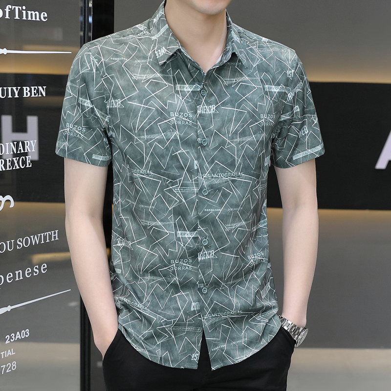 潮牌夏季短袖衬衫男士2025新款冰丝印花免烫抗皱休闲修身潮流衬衣