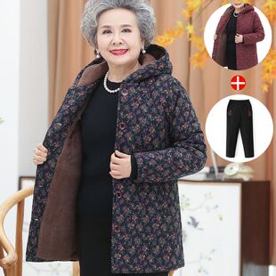 冬季奶奶棉衣外套中老年人女妈妈装棉袄连帽加绒加厚保暖东北棉服