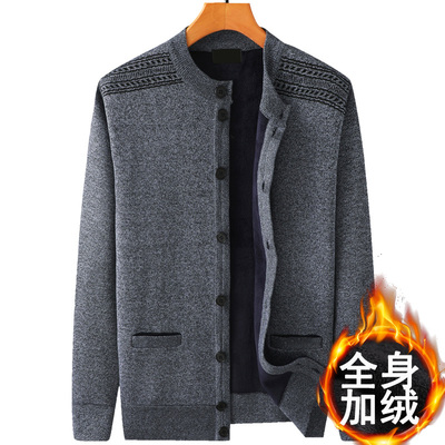 中老年人冬装男毛衣爸爸加绒加厚外套爷爷老人保暖针织开衫上衣服
