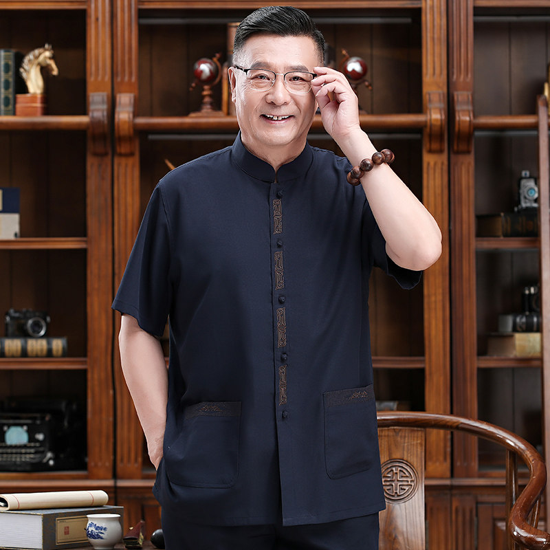中老年人唐装男士短袖衬衫套装爸爸中国风上衣服爷爷休闲宽松衬衣