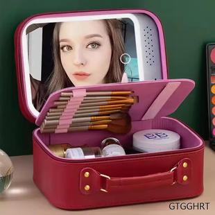 带灯桌面收纳盒化妆包便携化妆箱2023新款充电大镜子出差旅行彩妆