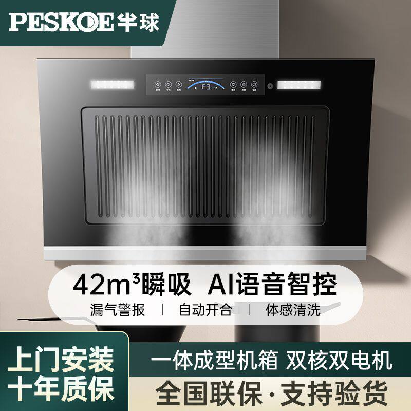 半球油烟机家用侧吸大吸力厨房壁挂式抽油烟机双电机自动清洗智能