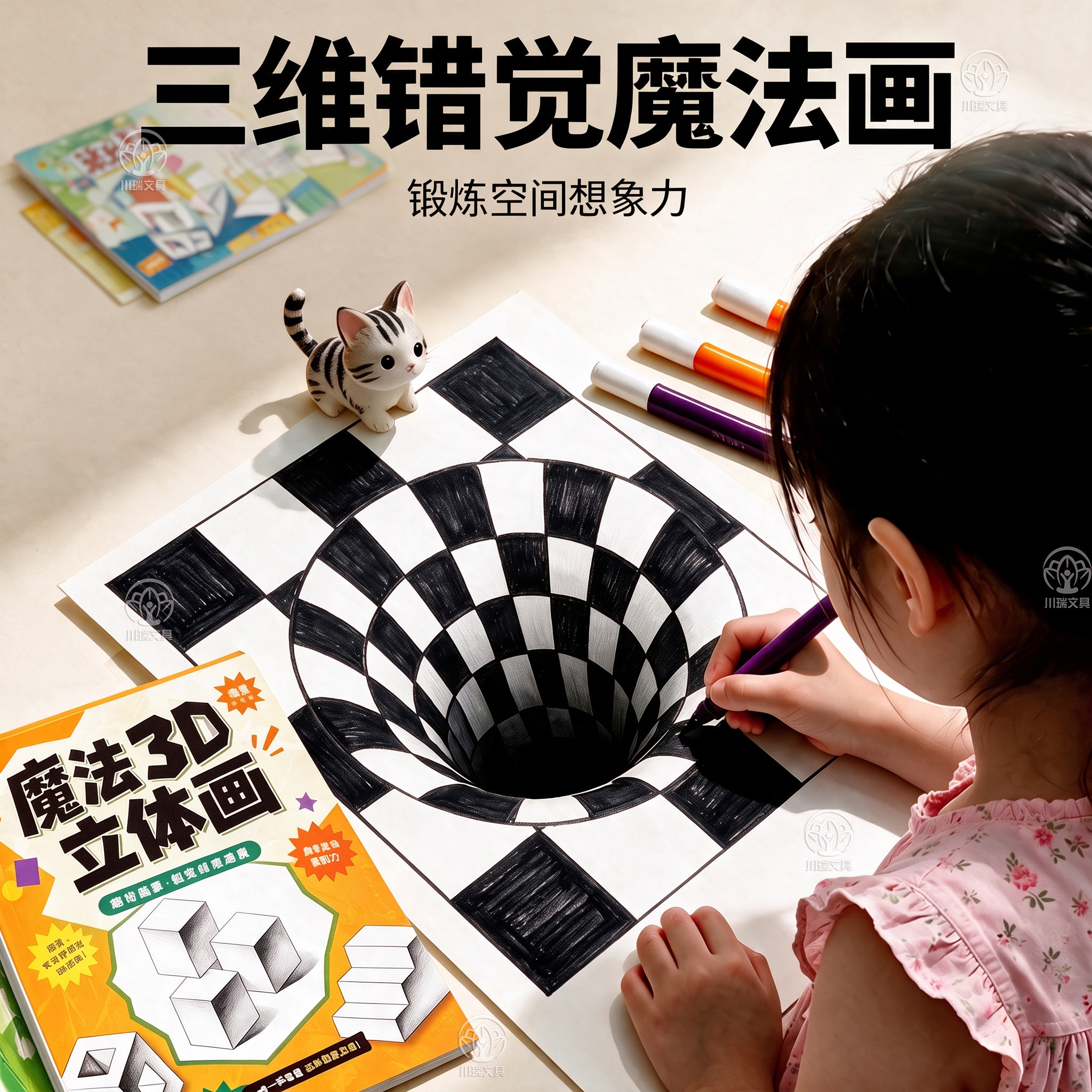 儿童魔法3D立体画 趣味描红本涂色本视觉3D立体益智玩具创意启蒙书裸眼3D空间思维专注力训练本幼儿园中大班认知启蒙美术素描本