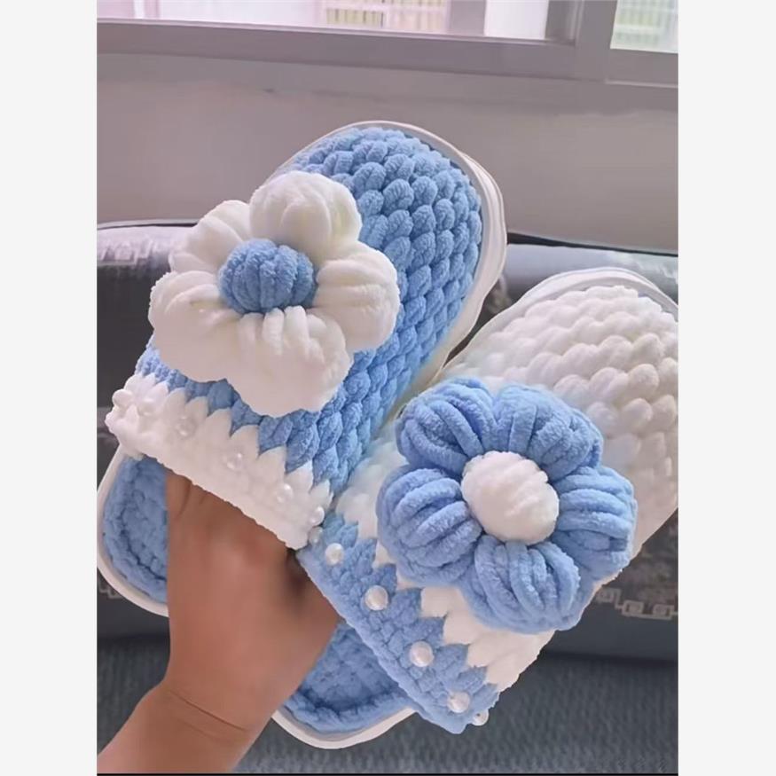 上街穿的棉拖鞋手工编织拖鞋材料包冰条毛线泡芙花鸳鸯云朵底家居