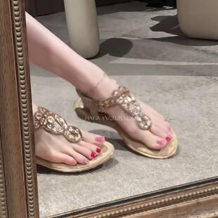 花朵水钻夏季凉鞋海边度假风夹趾沙滩鞋轻便厚底鞋可外穿坡跟拖鞋