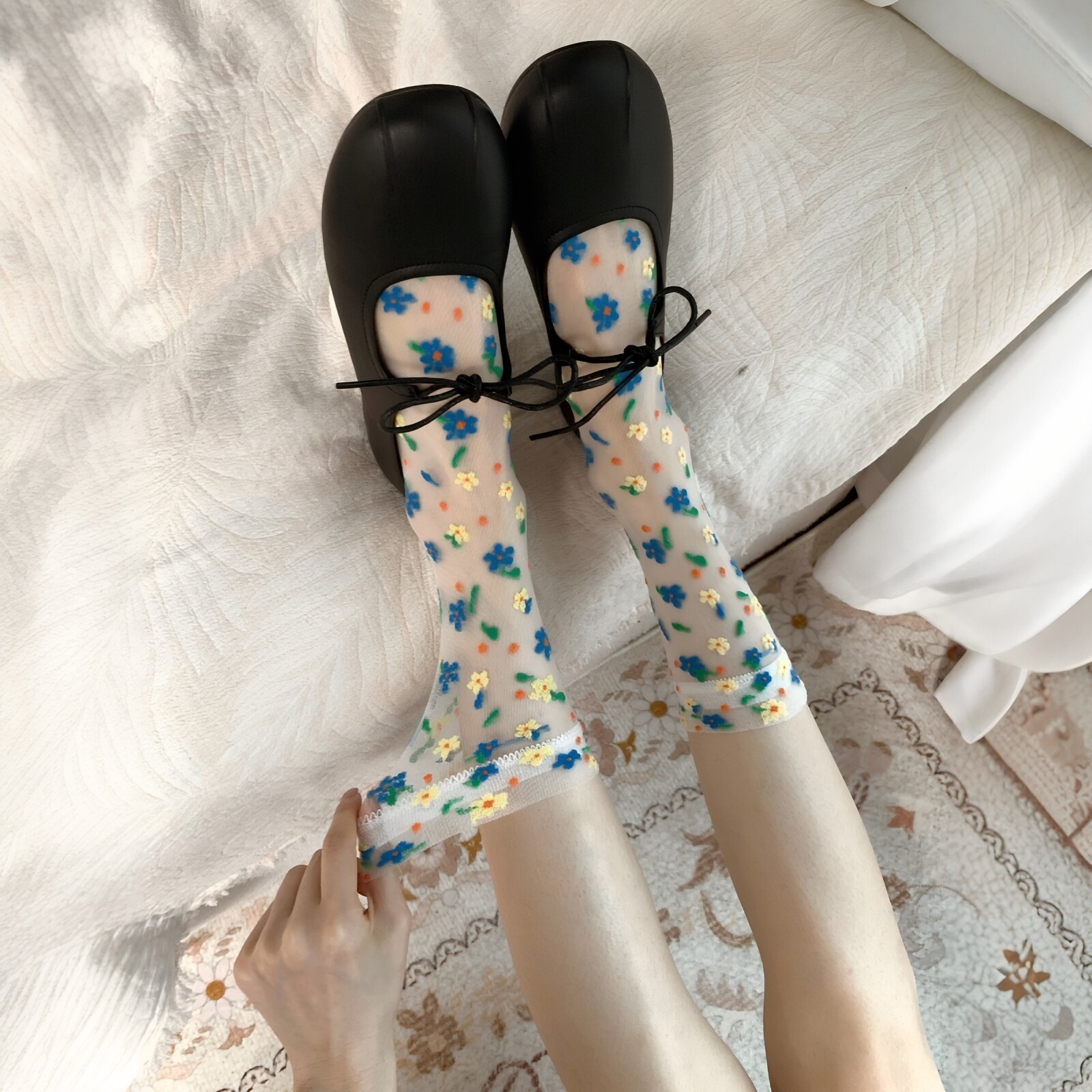 显腿细堆堆袜法式碎花女生玛丽珍