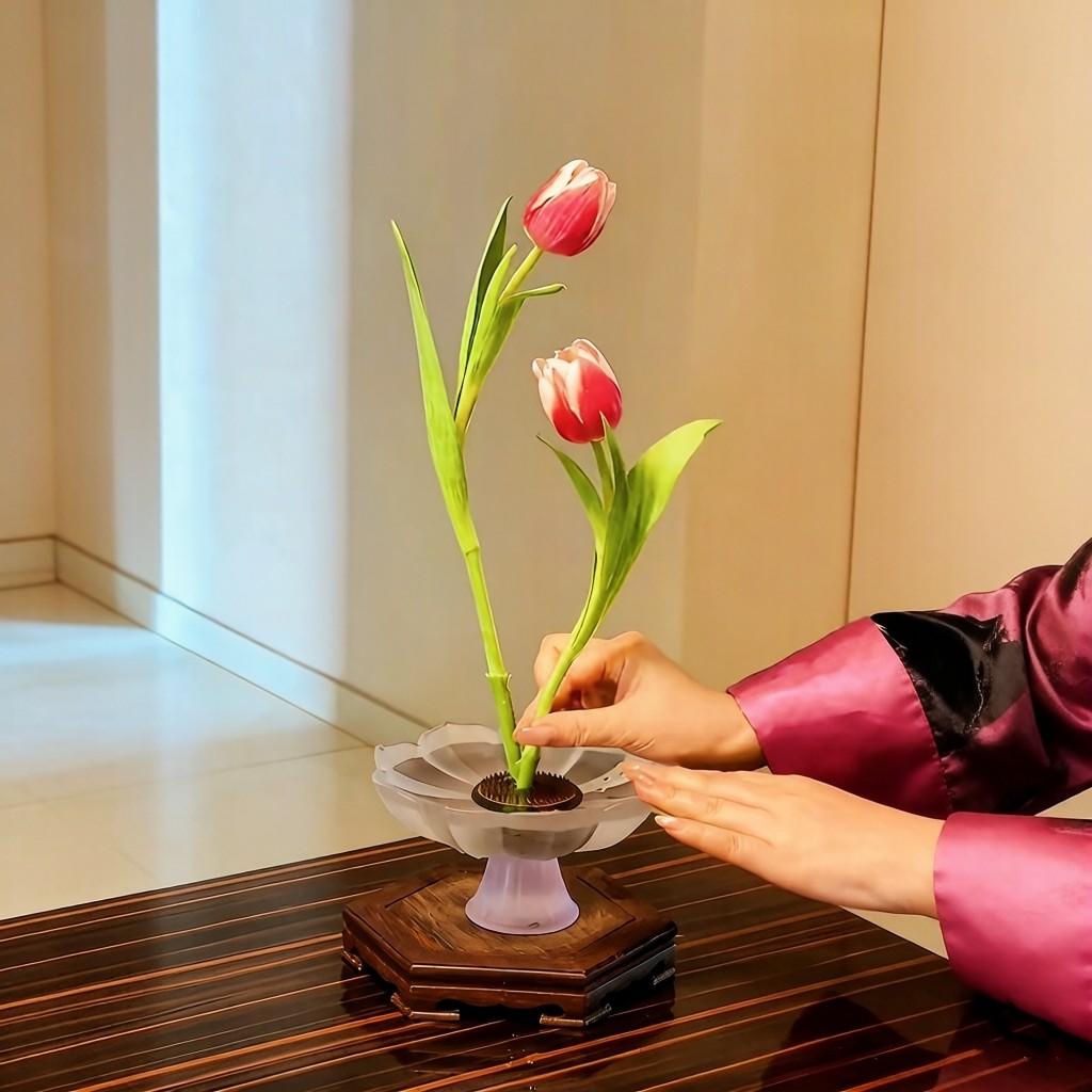 新中式磨砂玻璃莲花高足花摆件