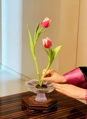 新中式磨砂玻璃莲花高足花摆件