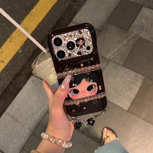 蕾丝条纹ins风棕底闪钻小满壳可