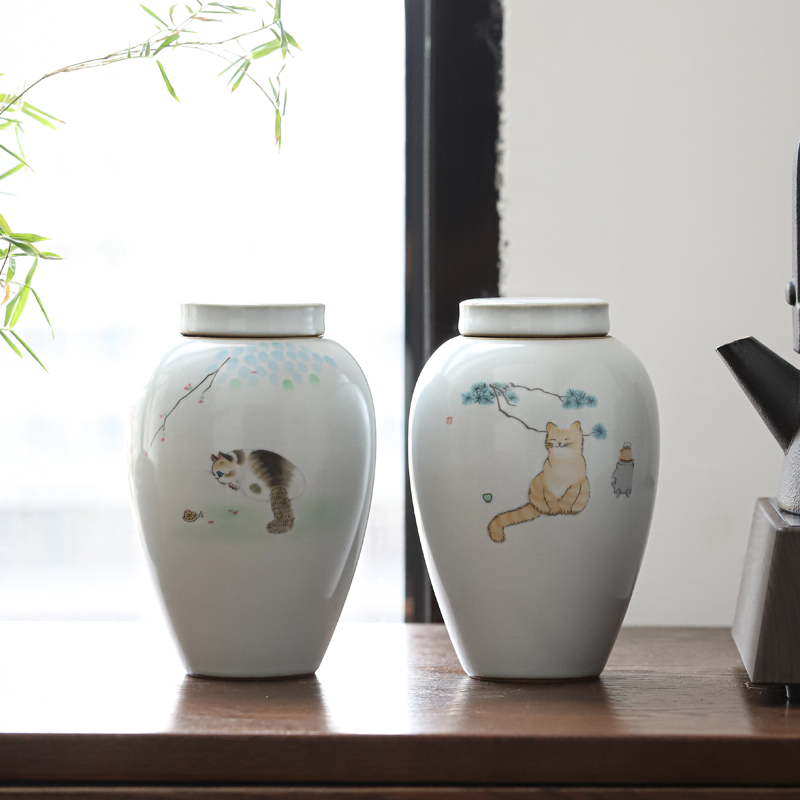 汝窑猫咪茶叶罐创意个性时尚家用密封罐精品高档日式储茶陶瓷罐子