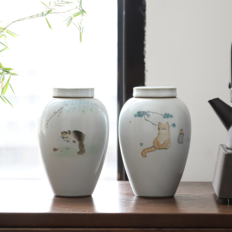 汝窑猫咪茶叶罐创意个性时尚家用
