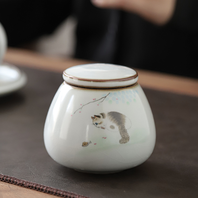 汝窑猫咪小茶叶罐小号随身便携密封家用迷你旅行日式创意陶瓷茶罐