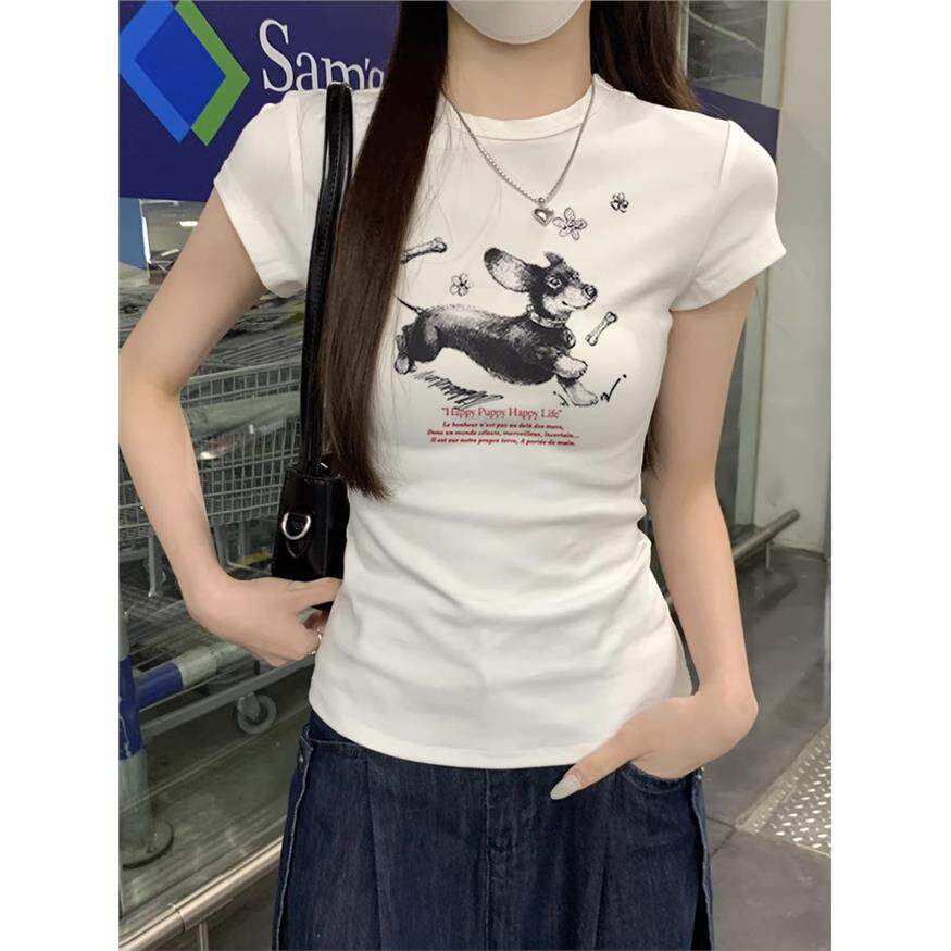夏季新款白色短袖T恤女款美式复古腊肠狗印花设计休闲百搭上衣女