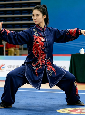 刺绣新款春秋太极服表演武术练功演出气功八段锦飘逸比赛服钻男款