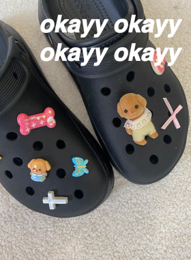 小鼻嘎贵宾犬鞋花手作可拆卸蝴蝶结少女可爱卡通crocs洞洞鞋鞋扣