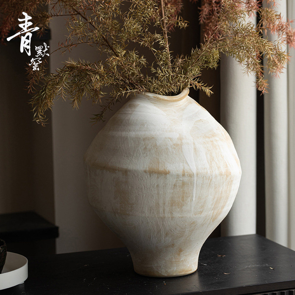 新中式覆古手工绘画 画陶瓷花瓶景德镇圆球怀旧粗陶室内书柜插花