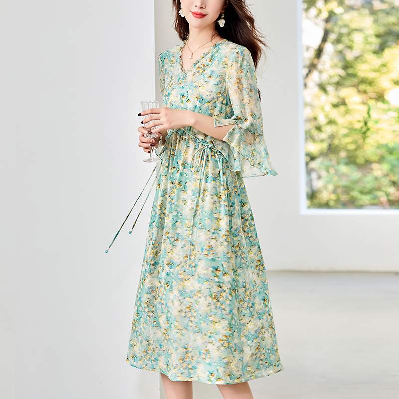 声雨竹正品真丝桑蚕丝连衣裙2024新款夏装轻奢印花木耳边V领裙子