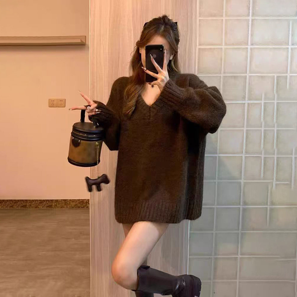 女士中长款V领套头大毛衣秋冬时尚穿搭宽松上衣羊毛衫100%澳毛