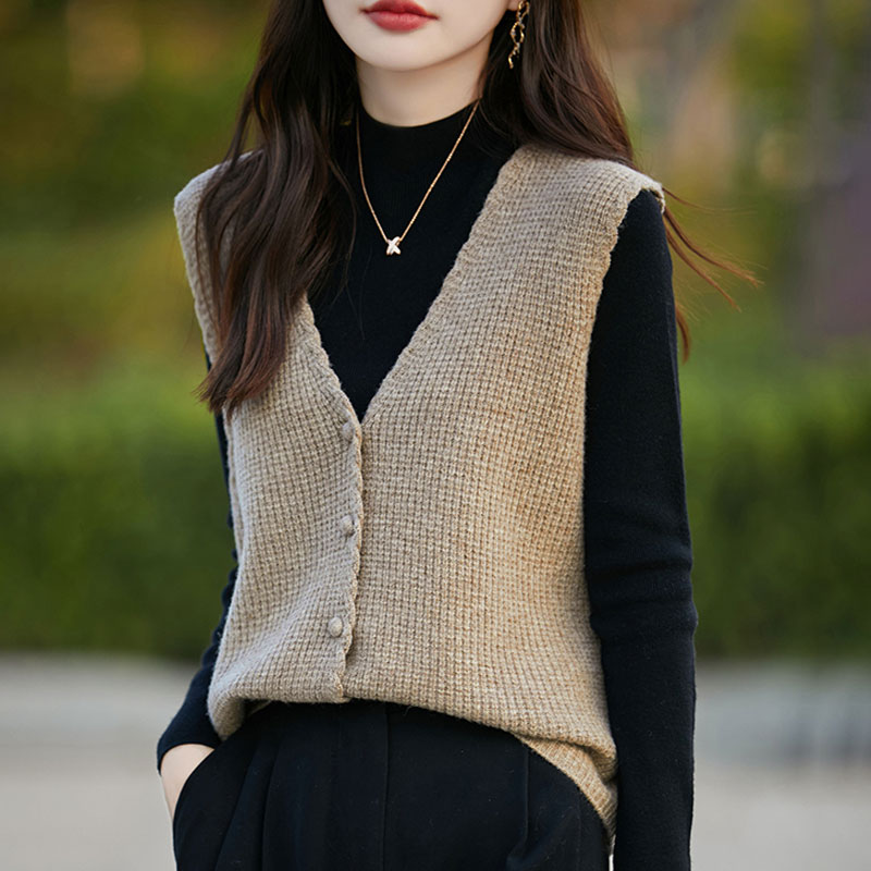 女款纯羊毛麻花边马夹开衫复古V领无袖小毛衣时尚减龄秋冬内搭