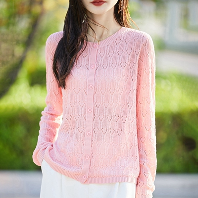 女士菱形镂空提花圆领长袖开衫