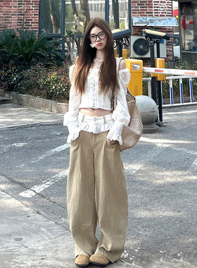 LDAB卡其色长口袋牛仔裤女2025春夏新款美式宽松设计感小众阔腿裤