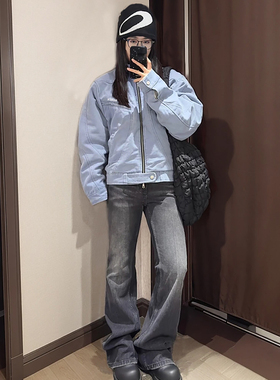 LDAB冰川蓝牛仔外套女春秋新款潮牌美式复古vintage情侣飞行夹克