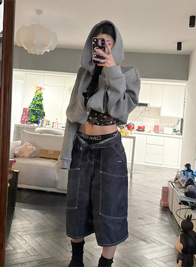 LDAB蓝色七分牛仔裤女2025夏新款美式复古小众宽松弯刀阔腿短裤