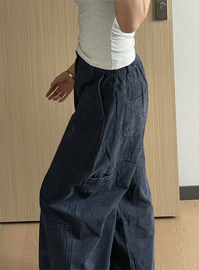 LDAB蓝灰色工装牛仔裤女2025春夏新款美式复古休闲宽松小众阔腿裤