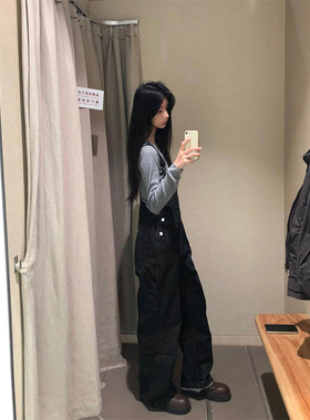 LDAB黑色牛仔背带裤女2025春夏新款宽松休闲小个子设计感阔腿裤