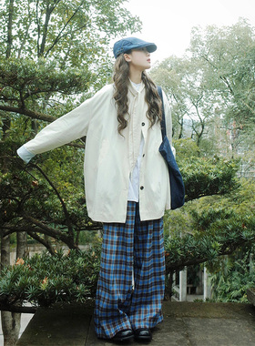 LDAB蓝色格纹休闲裤女2025春夏季新款复古宽松阔腿休闲小众长裤